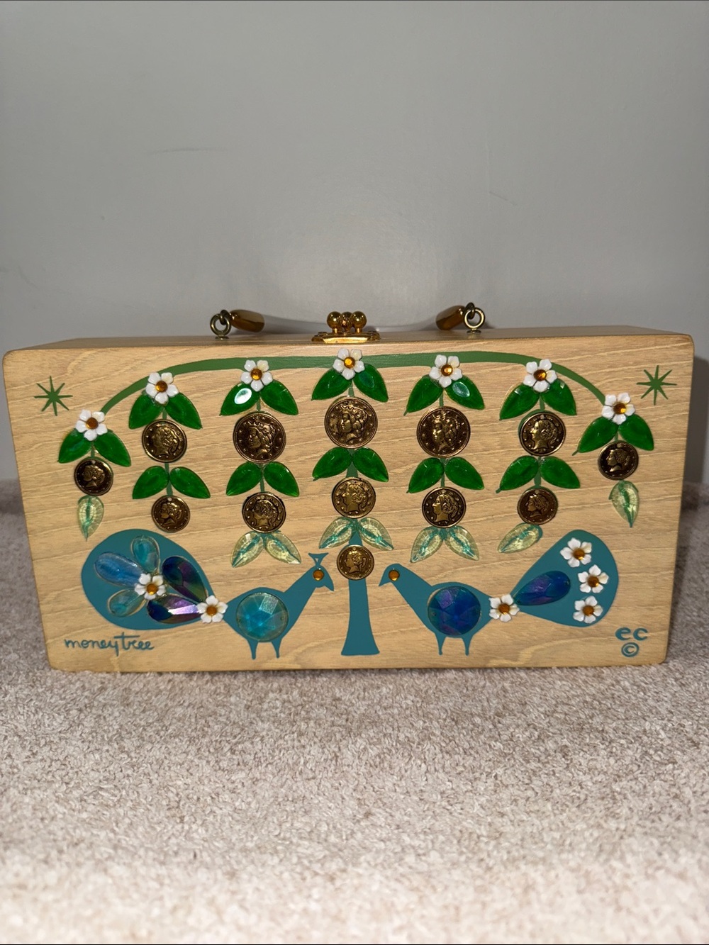 Wooden Floral Peacock Clutch with Gold Coin Accents